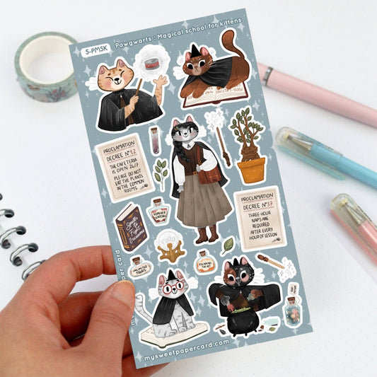 Planche de stickers « Pawgwarts Magical School » – Chats sorciers | My Sweet Paper Card
