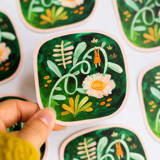 Sticker vinyle – Petite exploratrice et fleur géante | Wild Pencil Studio