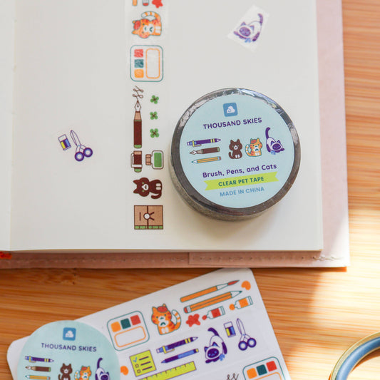 Rouleau ruban adhésif: Pinceau, stylos et chats