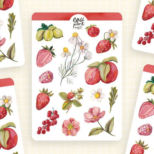 Planche de stickers Prairie rouge, fruits & feuilles – Wild Pencil Studio