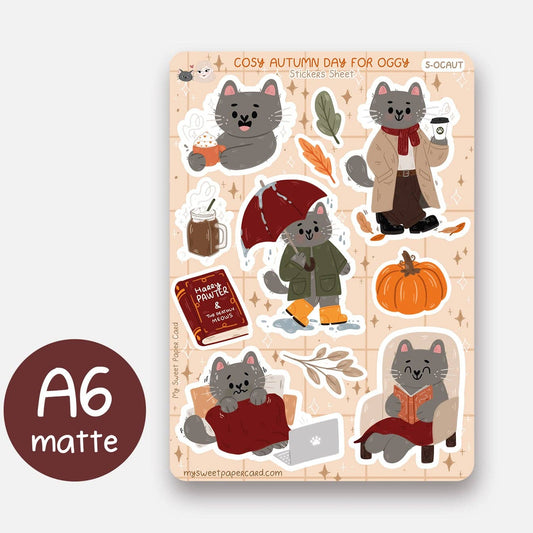 Planche de stickers « Oggy en automne » – Chat gris | My Sweet Paper Card