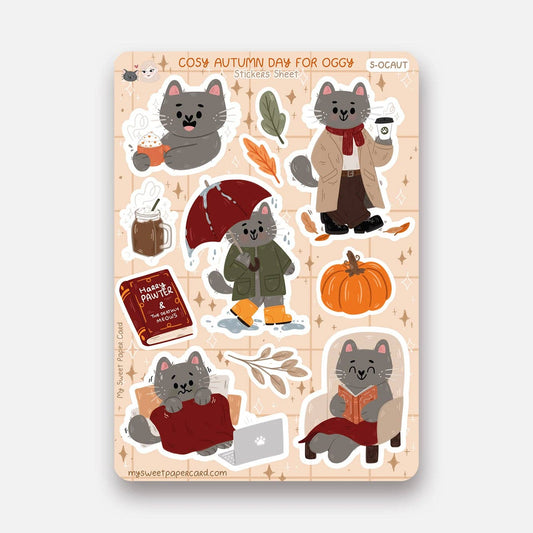 Planche de stickers « Oggy en automne » – Chat gris | My Sweet Paper Card