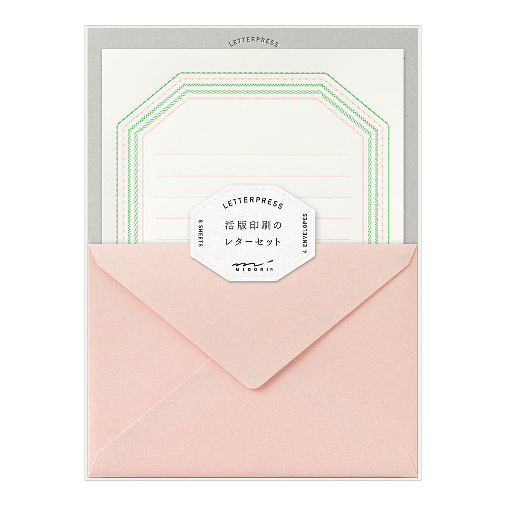Coffret de papier à lettres Midori – Impression Letterpress - cadre rose