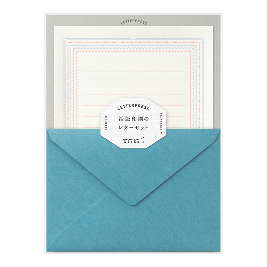 Coffret de papier à lettres Midori – Impression Letterpress - cadre bleu