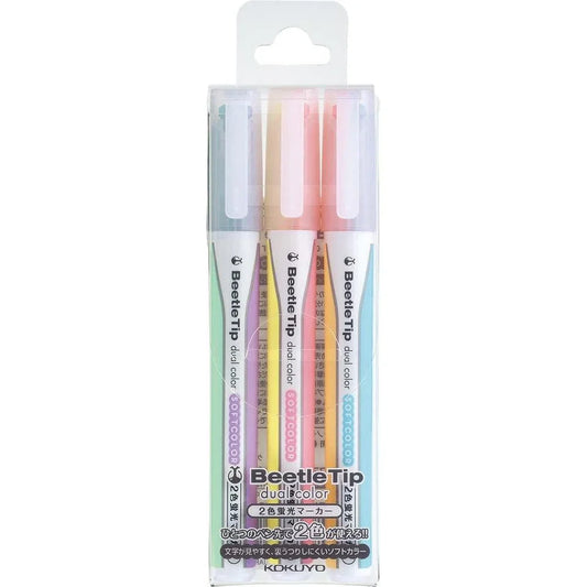 Surligneurs 2 en 1 – Kokuyo Beetle Tip (Pack de 3 – Couleurs douces)