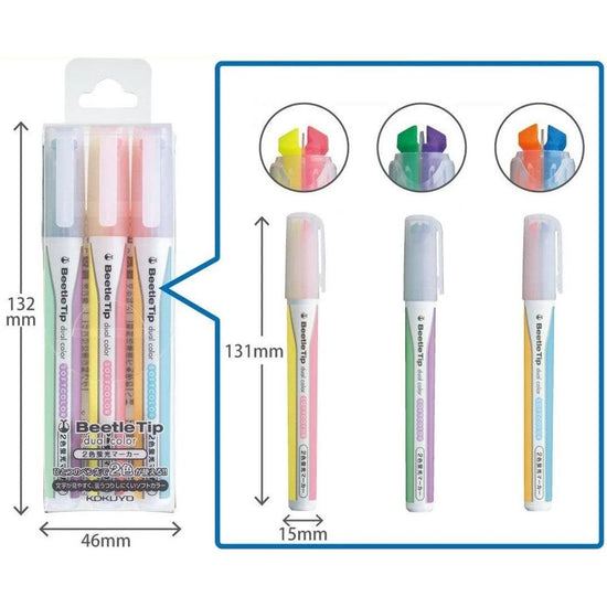 Surligneurs 2 en 1 – Kokuyo Beetle Tip (Pack de 3 – Couleurs douces) 3