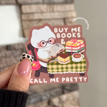 Sticker « Achète-moi des livres et dis-moi que je suis jolie » – Chat lecteur | Bonita Crafty Shop
